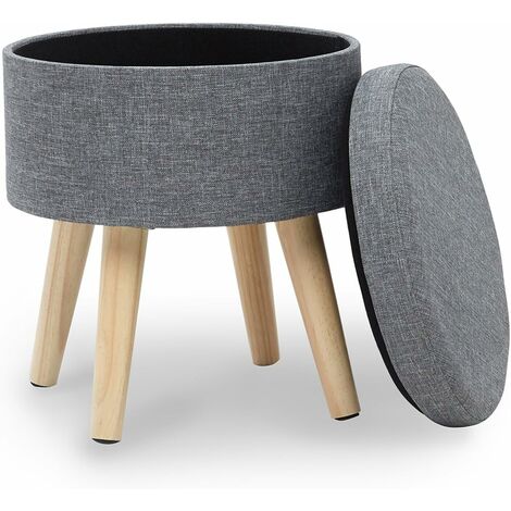 MINKUROW Runder Fußhocker Sitzhocker Hocker Aufbewahrungstruhe Leinenstoff Hocker mit niedrigem Deckel Wohnzimmerdesign Graue Massivholzbeine