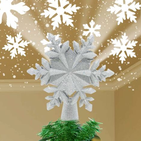 MINKUROW Schneeflocken-Weihnachtsbaumschmuck mit eingebauter rotierender magischer Kugel Silber/Weiß Weihnachtsdekoration LED-Kranzprojektor für Weihnachtsbaumschmuck