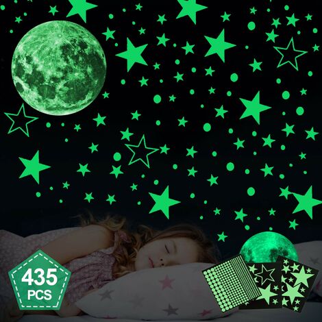 MINKUROW Selbstklebende leuchtende Wandaufkleber 435 Stück Sternenhimmel Selbstklebende leuchtende Sterne, Mond-Wanddekorationsaufkleber, fluoreszierende leuchtende Sternpunkte für Kinderzimmer, Baby,