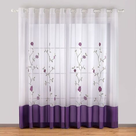 MINKUROW Set mit 2 durchsichtigen Ösenvorhängen mit Blumenstickerei für Schlafzimmer, Küche, Wohnzimmer, 140 cm x 245 cm, Lila