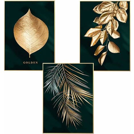 MINKUROW Set mit 3 Design-Wandpostern mit Wald-, Blattgold- und Palmenmustern, ungerahmt, Wanddekoration für Wohnzimmer (Rahmen nicht enthalten)