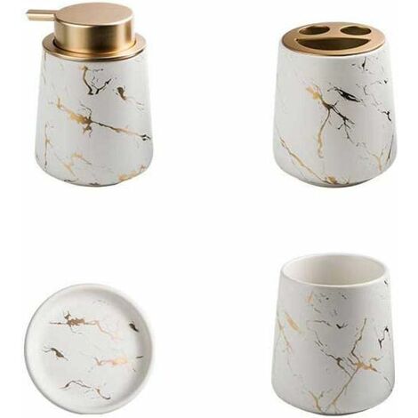 MINKUROW Set mit 4 Badezimmer-Accessoires aus marmorierter Keramik – Seifenspender, Zahnbürstenhalter, Becher, Seifenschale – Mattweiß