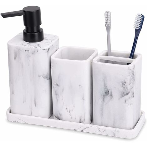 MINKUROW Set mit 4 Badezimmer-Accessoires in Marmoroptik mit Seifenspender, Zahnbürstenhalter, Badezimmerbecher, Seifenschale