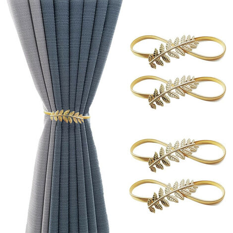 MINKUROW Set mit 4 verstellbaren Vorhang-Raffhaltern mit Federseil für Wohnzimmer, Büro, Schlafzimmer, Café-Dekoration (goldene Blätter)