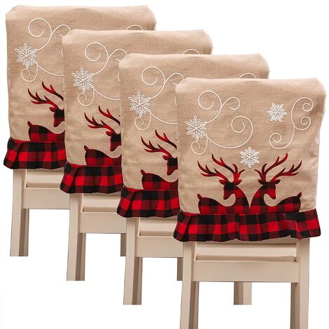 MINKUROW Set mit 4 weihnachtlichen Stuhlhussen aus Leinen, Weihnachtselch-Stuhlhussen, waschbare Weihnachts-Stuhlhussen mit Spalier-Stuhlhussen für Weihnachts-Esszimmer (zwei Hirsche)