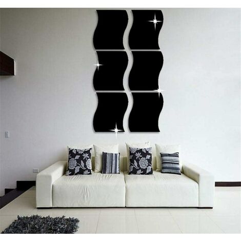 MINKUROW Set mit 6 gewellten Wandaufklebern mit 3D-Spiegeleffekt für Heimdekoration, Wohnzimmer, Schlafzimmer, Sofa, Fernseher, Wanddekoration, Wanddekoration. Schwarz