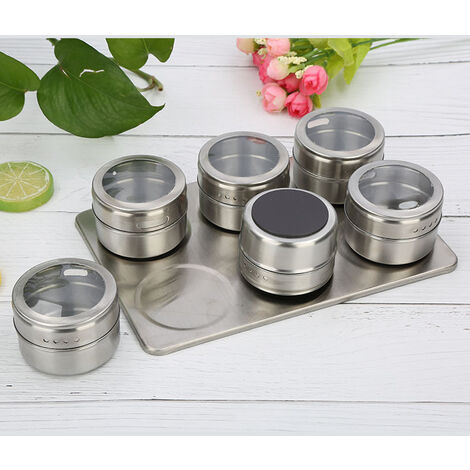 MINKUROW Set mit 6 magnetischen Gewürzdosen aus Edelstahl, runde Gewürzdosen, Gewürzstreuer, Gewürzbehälter, transparenter Deckel für Küchengewürze