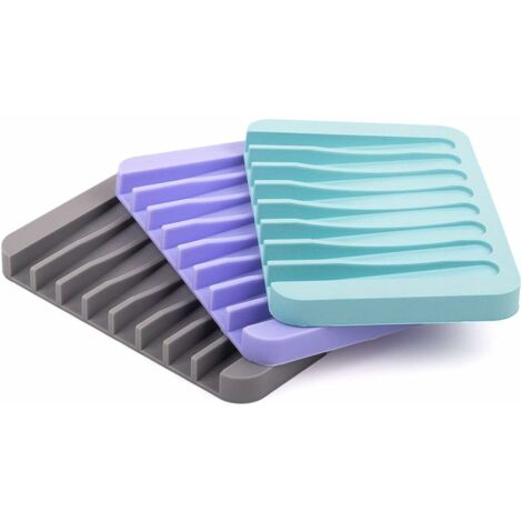 MINKUROW Silikon-Seifenschale mit Ablauf, 3er-Set, selbstentleerende Seifenschale, Seifenhalter, Schwammhalter für Dusche/Bad/Küche Grau+Normal Blau+Lila