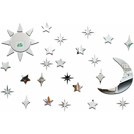 MINKUROW Sole, Luna e Stelle Specchio Acrilico Rimovibile per la Decorazione Domestica, Argento