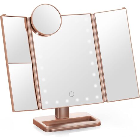 MINKUROW Specchio Per Il Trucco A Led A Tre Ante - Specchio Da Tavolo Pieghevole Con Due Modalità Di Alimentazione - Ingrandimento 1x/2x/3x/10x (Oro Rosa)