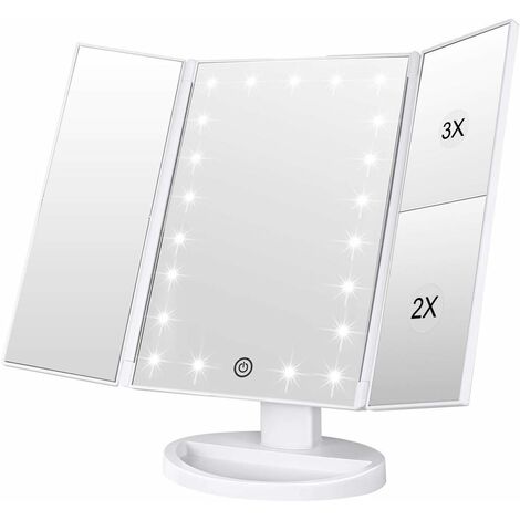 MINKUROW Specchio Per Trucco, 1x/2x/3x Specchio Per Trucco Trifold Con 21 Luci Led E Touch Screen Specchio Regolabile Specchi Da Tavolo Cosmetici (Bianco)
