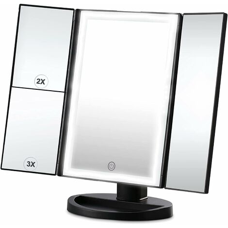 MINKUROW Specchio Per Trucco Illuminato, Ingrandimento 2x/3x, Specchio Per Trucco A Tre Ali Con 72 Luci A Led, Rotazione Di 180 Gradi, Batteria E Alimentazione Usb (Nero)