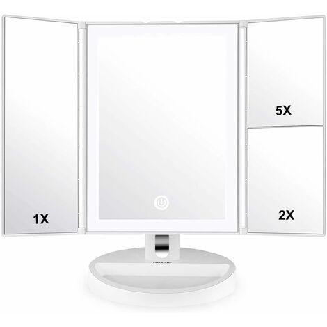 MINKUROW Specchio Per Trucco Illuminato, Specchio Per Trucco A Tre Ante 1x/2x/5x Con 34 Luci A Led, Specchio Per Trucco Cosmetico Da Banco, Touch Screen, Rotazione Regolabile Di 180°