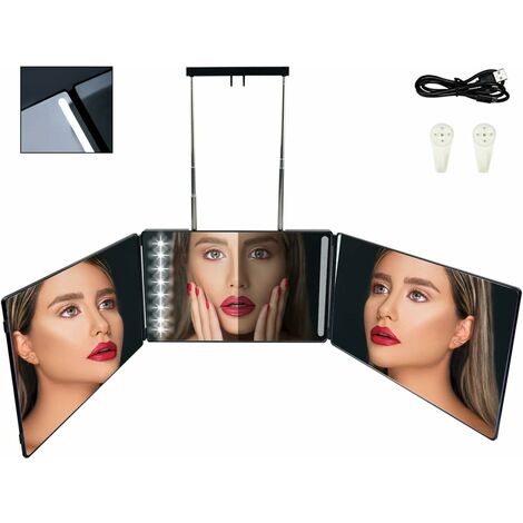 MINKUROW Specchio Per Trucco Portatile Regolabile Su 3 Lati A Led, Con Staffe Regolabili In Altezza, Specchio Da Appendere, Luminosità Regolabile, Pieghevole, Per Trucco, Specchio Per Doccia, Specchio