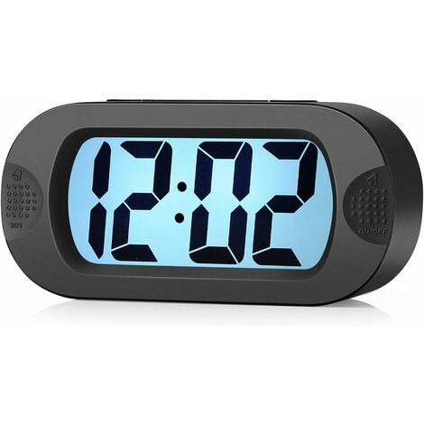 MINKUROW Stoßfester LCD-Digitalwecker, Reiseuhr mit Silikonhülle, weiches Nachtlicht, aufsteigender Ton, batteriebetriebener Wecker für Zuhause, Büro, Schlafzimmer (Schwarz)