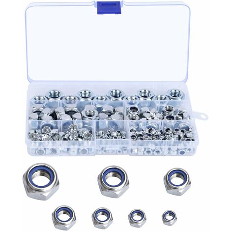 MINKUROW Surtido de tuercas de seguridad de 175 piezas, tuerca de seguridad autoblocante de acero inoxidable, tuercas hexagonales, insertos roscados M3 M4 M5 M6 M8 M10 M12, tuercas de seguridad de nai