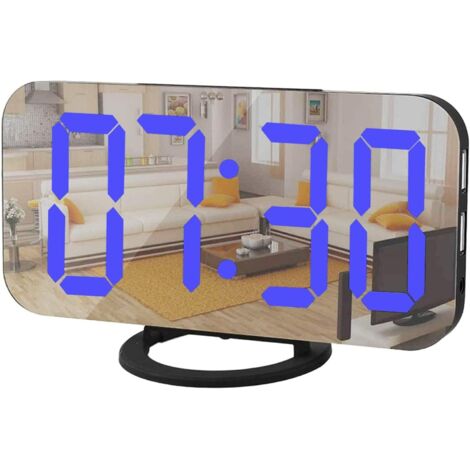 MINKUROW Sveglia Digitale, Orologio Led A Specchio, Funzione Snooze Luce Notturna Dimmerata, 2 Porte Di Ricarica Usb, Sveglia Da Tavolo Per Decorazione Camera Da Letto (Nero Blu)
