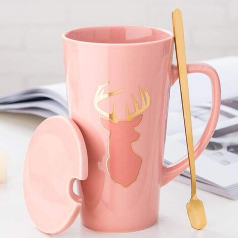 MINKUROW Tazze Da Tè Grandi Da 500 Ml, Elegante Tazza Da Caffè Con Coperchio E Cucchiaio, Tazza Da Caffè In Ceramica Per Amici E Famiglie Come Regalo A Sorpresa (Polvere - Alce)