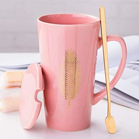 MINKUROW Tazze Da Tè Grandi Da 500 Ml, Elegante Tazza Da Caffè Con Coperchio E Cucchiaio, Tazza Da Caffè In Ceramica Per Amici E Famiglie Come Regalo A Sorpresa (Rosa)