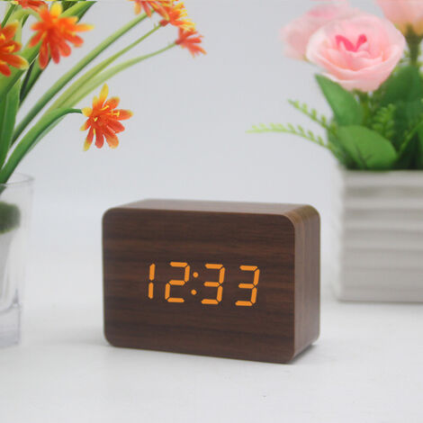 MINKUROW Tischuhr Zeit/Datum/Temperatur Wecker braun Kunstleder rot Led braun Holz weiß Schrift