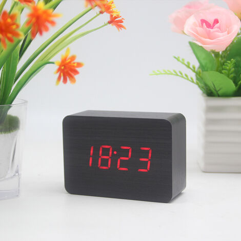 MINKUROW Tischuhr Zeit/Datum/Temperatur Wecker Braun Kunstleder Rot Led Schwarz Holz Roter Buchstabe
