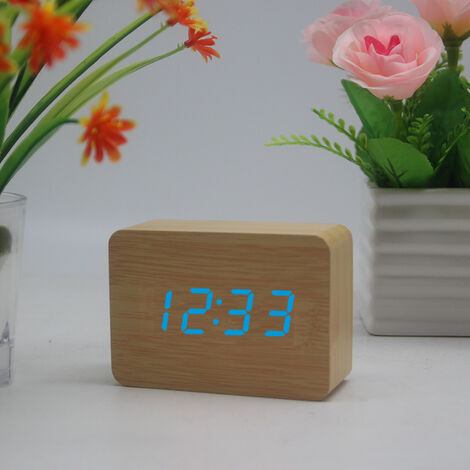 MINKUROW Tischuhr Zeit/Datum/Temperatur Wecker Braun Kunstleder Rote LED Bambus Blauer Buchstabe