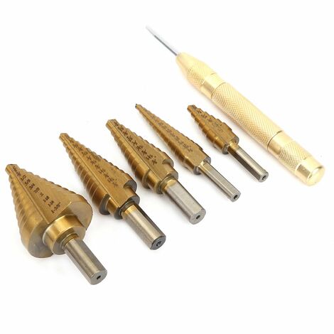 MINKUROW Titan-Stufenbohrer-Set und automatischer Zentrierkörner - Hochgeschwindigkeitsstahl-Metallbohrer mit Doppelschneidklingen, Mehrloch-Kobalt-HSS mit Aluminiumkoffer oder Segeltuchtasche