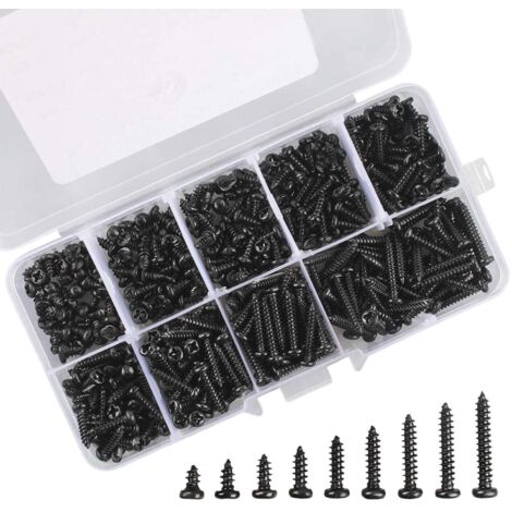 MINKUROW Tornillo autorroscante M3 negro, 450 paquetes de tornillos autorroscantes de cabeza redonda de acero inoxidable para metal de madera blanda (9 especificaciones, con una caja de plástico)