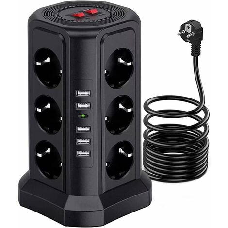 MINKUROW Tower Power Strip 1.7m Protector Contra Sobretensiones Seguridad Infantil Con Interruptores Individuales 12 Salidas 2500w Eléctrico 5 Usb