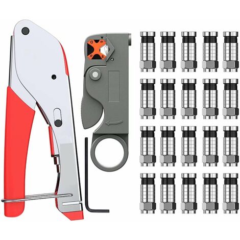 MINKUROW Typ F Kompressionscrimper + Koaxialkabelschneider + 20 Stück Crimpverbinder