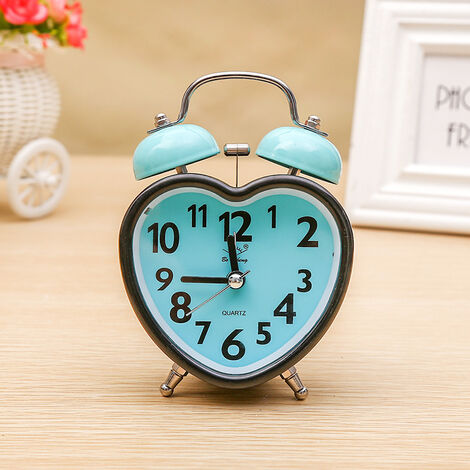 MINKUROW Versión coreana del reloj despertador de campana en forma de corazón de colores, mesita de noche para estudiantes de niños, azul