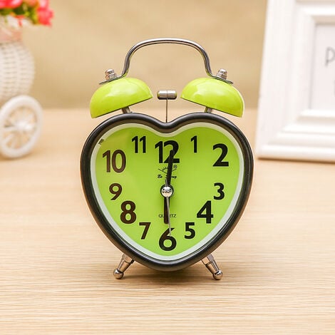 MINKUROW Versión coreana del reloj despertador de campana en forma de corazón de colores, mesita de noche para estudiantes de niños, verde