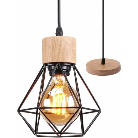 MINKUROW Vintage Industrial Lámpara Colgante Araña Metal Y Madera Pantalla Ø200mm Plafón E27 Retro Para Salón Cocina Dormitorio (1pcs)
