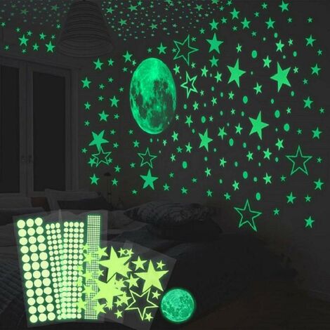 MINKUROW Wandtattoo selbstklebend leuchtende Aufkleber 435/30cm leuchtende Punkte und Mond Aufkleber für Kinderzimmer Sternenhimmel leuchtende Sterne und stark leuchtende fluoreszierende leuchtende Au