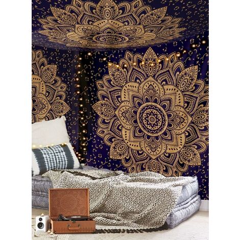 MINKUROW Wandteppich, Ombred, Hippie-Wandteppich, mit Psychedelic. Kompliziertes Mandala/Boho-Muster Indische Tagesdecke, 150x130cm Blau-Gold.