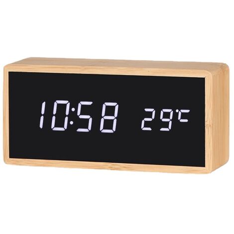 MINKUROW Wecker Bambusholz Wecker LED-Display mit Spiegeltemperatur Quadratischer digitaler Wecker (Color : White)