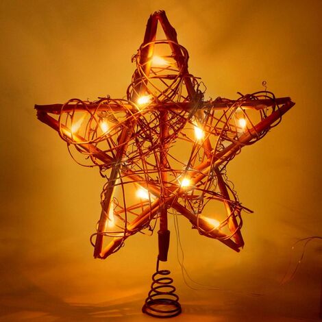 MINKUROW Weihnachtsbaumspitze mit 10 LED-Leuchten Rustikale Rattan-Weihnachtsbaumspitze für Heimdekorationen