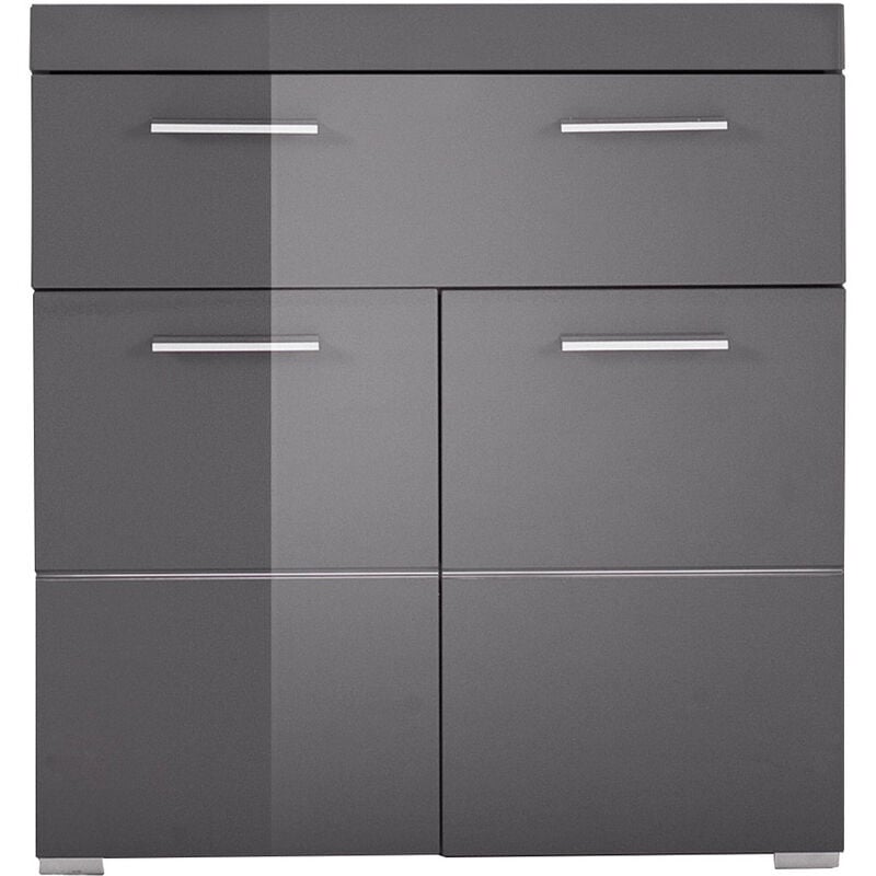 AmandaMando Armoire de rangement pour salle de bain, 2 portes, 1 tiroir, gris, gris brillant.