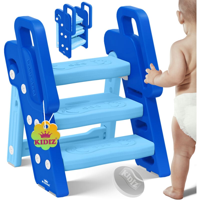Kidiz® Tabouret pour enfants Escabeau pliable à 3 marches Tour d'apprentissage pliable de 18 mois à 6 ans Robuste Tabouret sûr et stable Bleu / Bleu