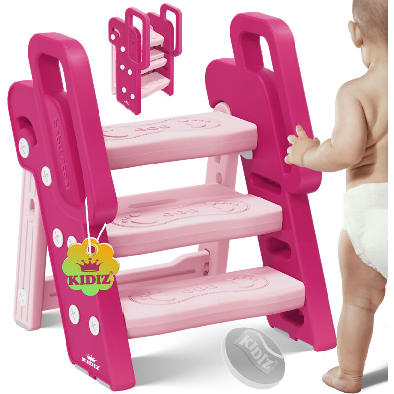 KIDIZ® Tabouret pour enfants Marchepied pliable avec 3 marches Tour d'apprentissage pliable de 18 mois à 6 ans Robuste Marchepied sûr & stable Rose /