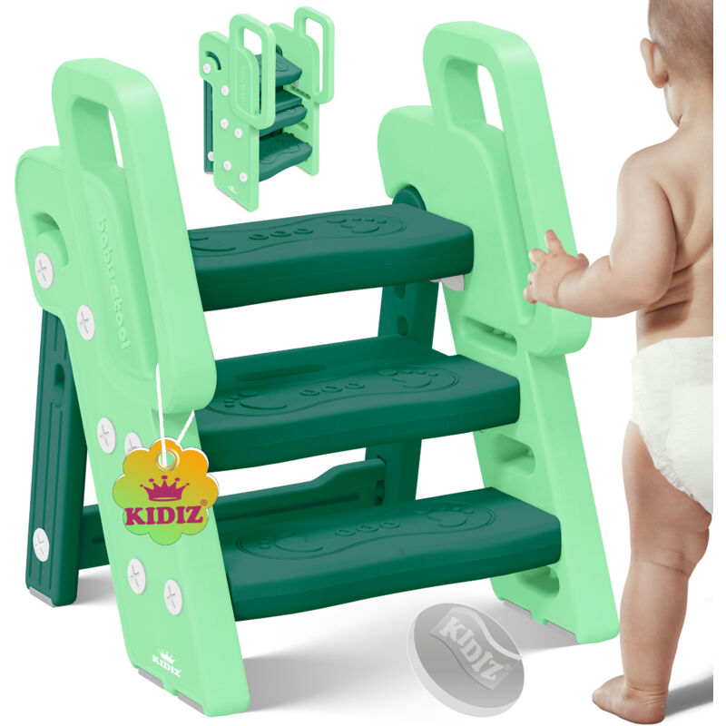 Kidiz® Tabouret pour enfants Escabeau pliable à 3 marches Tour d'apprentissage pliable de 18 mois à 6 ans Robuste Tabouret sûr et stable Vert menthe