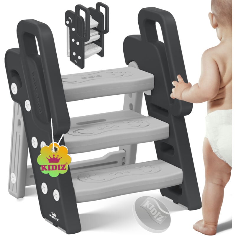 Kidiz® Tabouret pour enfants Escabeau pliable à 3 marches Tour d'apprentissage pliable de 18 mois à 6 ans Robuste Tabouret sûr et stable Anthracite /