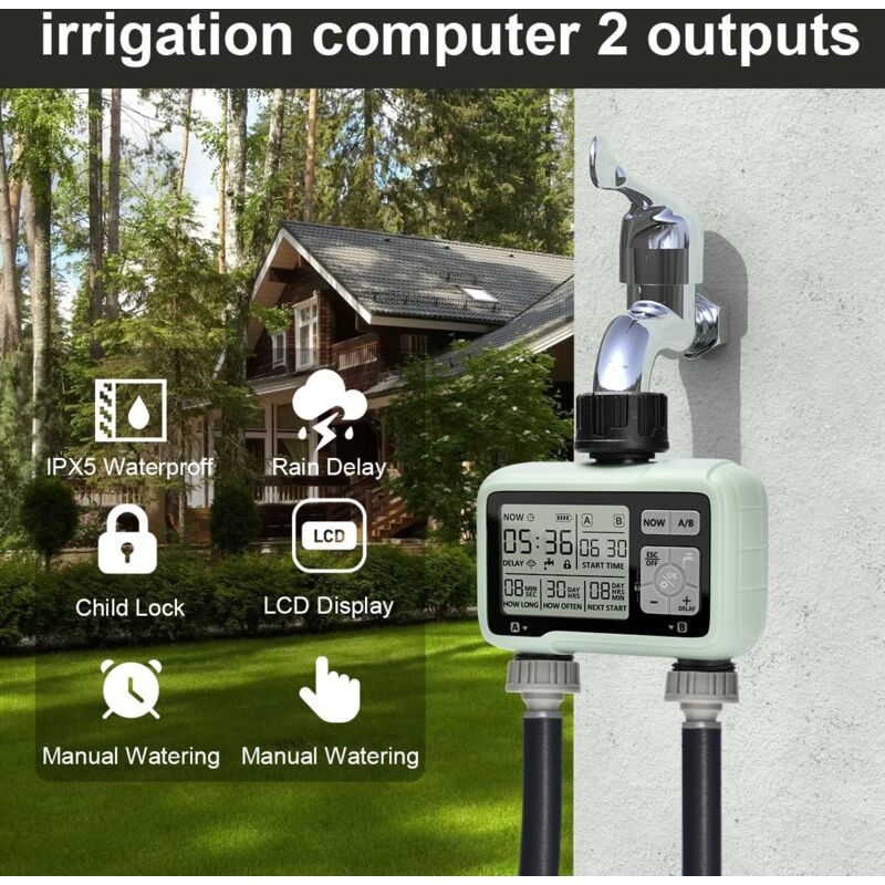 Minuterie Arrosage Automatique pour Jardin 2 Voies, Minuterie Irrigation 2 Sorties, Programmateur d'Arrosage Extérieur avec sécurité Enfant, Mode