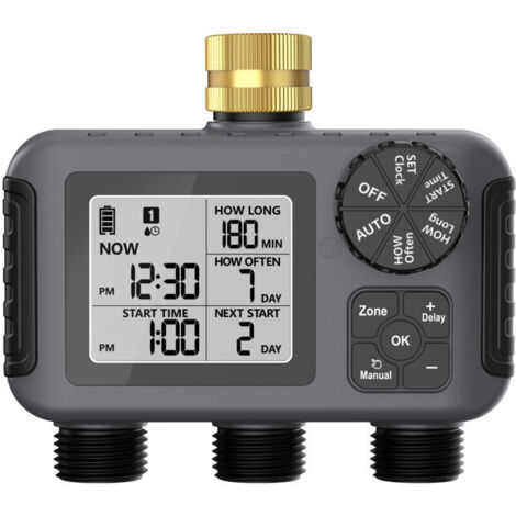 Minuterie d'arrosage à 3 voies, minuterie d'arrosage automatique, fréquence et durée, minuterie d'irrigation programmable et retard de pluie pour jardin, pelouse