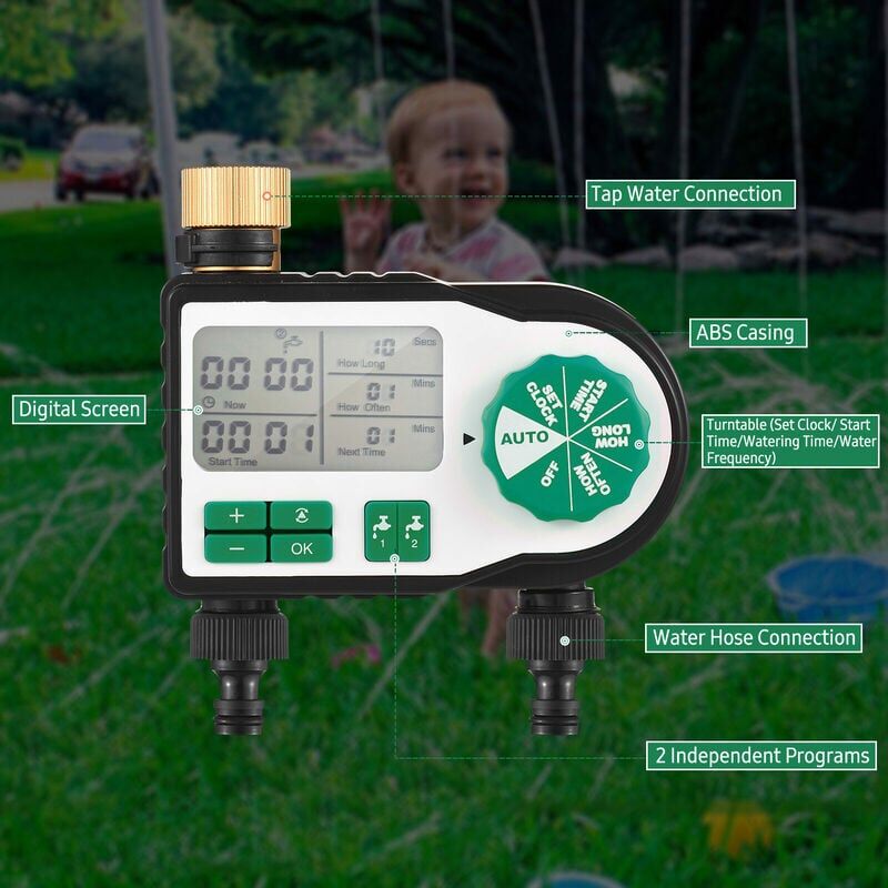 Minuterie d'arrosage automatique numérique avec 2 connecteurs de tuyau Minuterie d'irrigation de jardin programmée Robinet d'arrosage Contrôleur