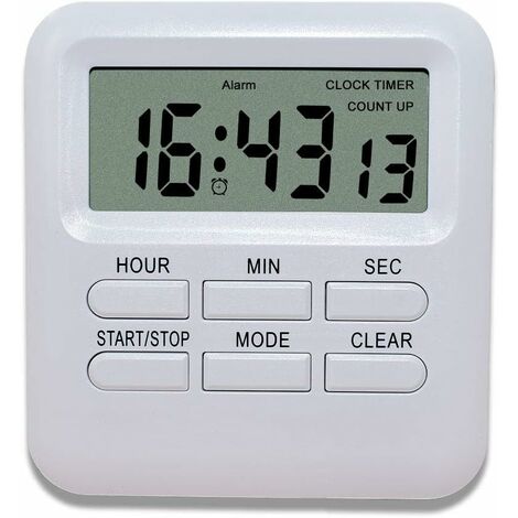 Minuterie Digitale avec Fonction d'Horloge/Réveil 3 en 1, Minuterie de Cuisine Aimanté, Timer Chronomètre Compte à Rebours, Gestion du Temps pour Cuisine/Étude/Sport (Blanc)