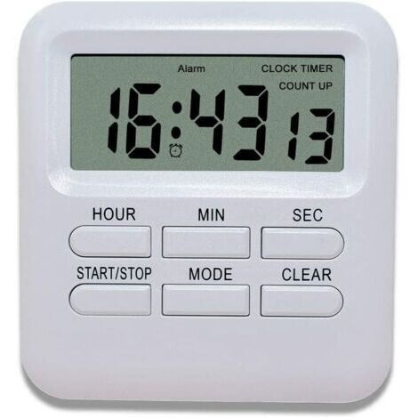 Minuterie Digitale avec Fonction d'Horloge/Réveil 3 en 1, Minuterie de Cuisine Aimanté, Timer Chronomètre Compte à Rebours, Gestion du Temps pour Cuisine/Étude/Sport (Blanc)