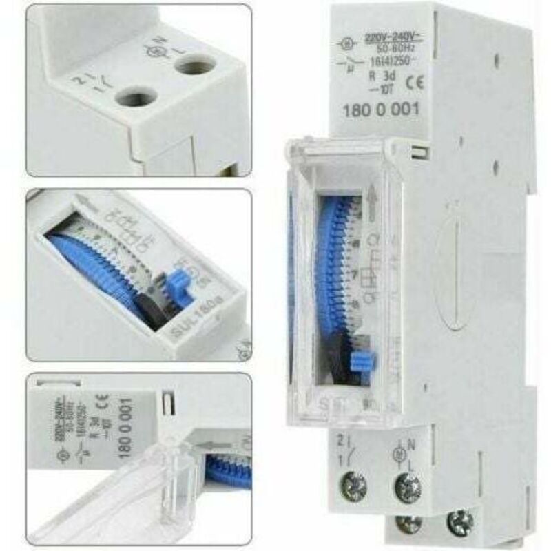 Minuterie mécanique 16 A – Programmable, plage de durée de 15 minutes à 24 heures – 220-240 V CA – Montage sur rail DIN – Économe en énergie – SUL180A