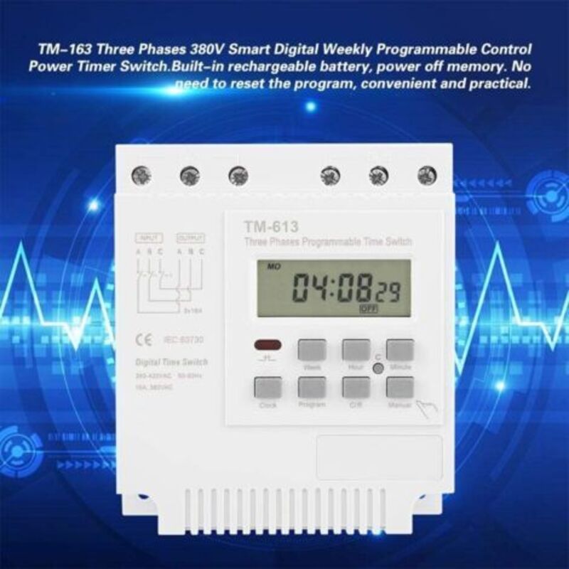 Minuterie programmable 380 V – Convient aux moteurs triphasés 350-420 V CA – Puissance 4 kW – 17 réglages marche/arrêt