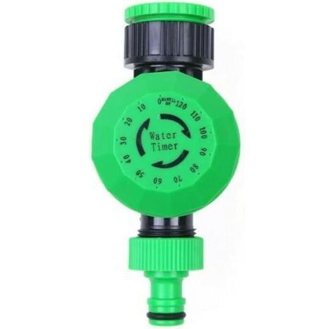 Minuteur d'arrosage mécanique. Compatible avec les robinets de 1/2 pouce et 3/4 pouce. Durée d'arrosage jusqu'à 120 minutes. Fabriqué en plastique résistant aux intempéries.